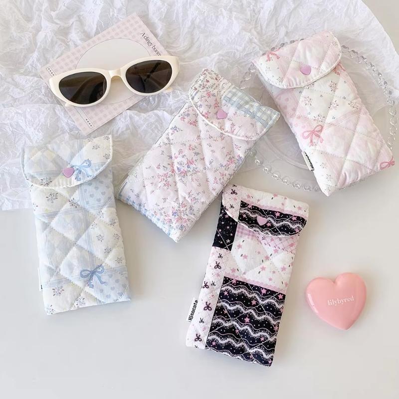 1Pc Fashion Floral Bow Snap Pen Bag Student Stationery Girl Portable Glasses Storage Bag Large Capacity Travel Makeup Bag Gifts