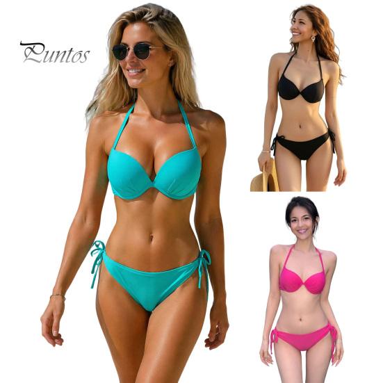Two-piece Swimsuit Women Solid Color Bikini Set, Summer Two Piece Swimsuit, Halter Tie Underwire Top Strappy Bottom & High Cut Bottom, Sexy