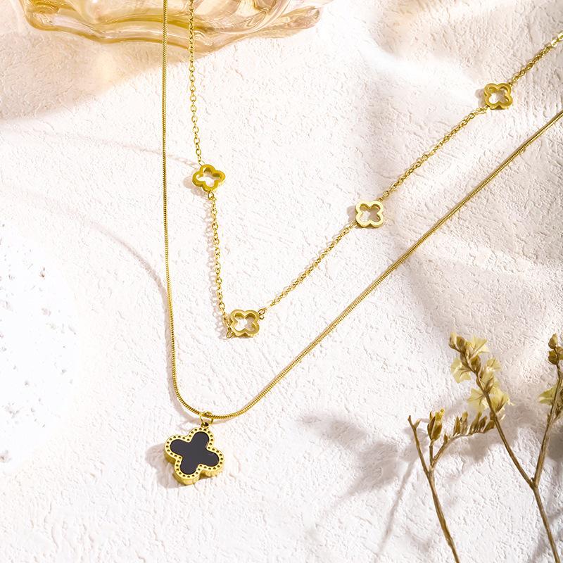 Elegant Four-Leaf Clover Double-Layer Necklace, Black & White Titanium Steel Clavicle Chain
