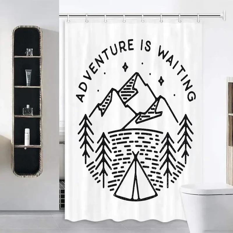 Shower Curtains For Camper Trailer Bathroom, Camping Tent Trees And Mountain Printed,With Hooks Bath Curtai