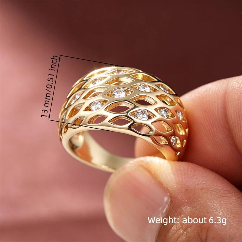 Huitan Graceful Gold Color Ring with Hollow-out Design for Women Fashion Bright Cubic Zirconia Finger Accessories for Daily Wear