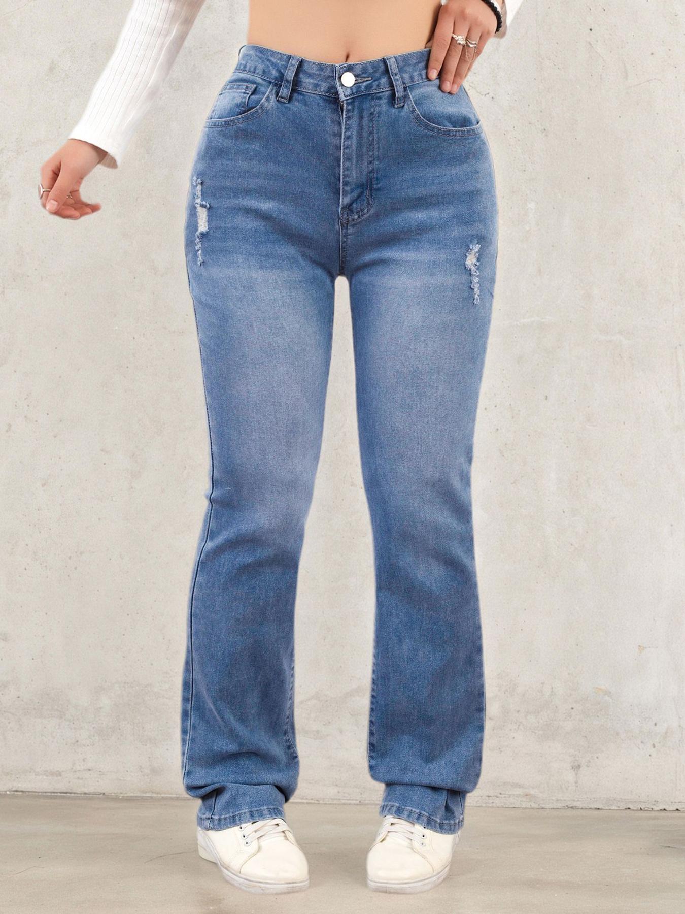 

Puffanpop Женские джинсы Bootcut с высокой талией, эластичные, со светло-голубым потертым денимом, расклешенные от колена, облегающие, повседневные брюки для ежедневной носки S синий