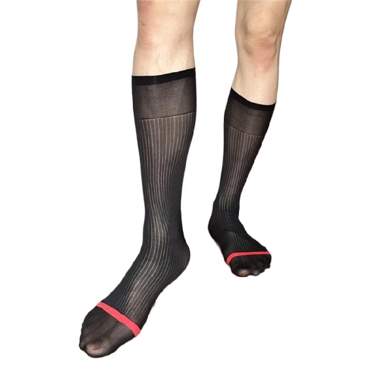 Chaussettes pour homme à rayures contrastées, transparentes, style costume, haute élasticité, confortables, respirantes, ultra fines, au-dessus du mollet, pour le travail