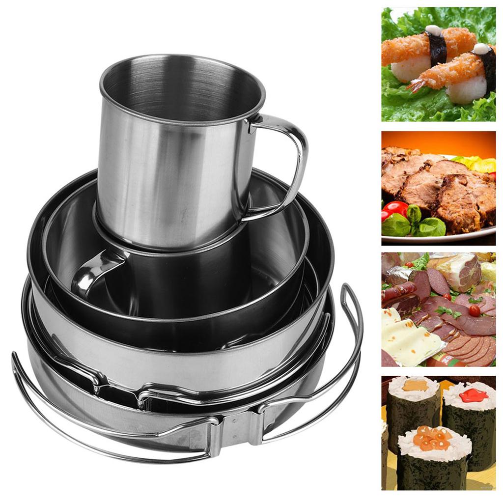 8 piece Stainless Steel BBQ Bowl Camping Cookware Picnic Portable Outdoor Folding Pot Set