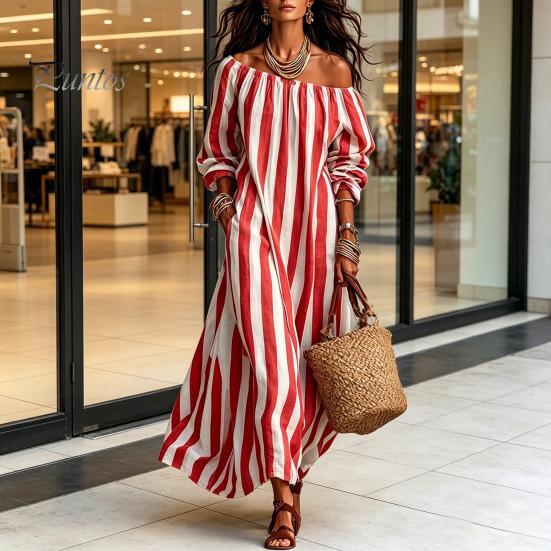 Daily Wear Dress Summer Women Striped Long Dress, Off Shoulder Sleeve Casual Ankle Length Loose Swing with Side Pocket