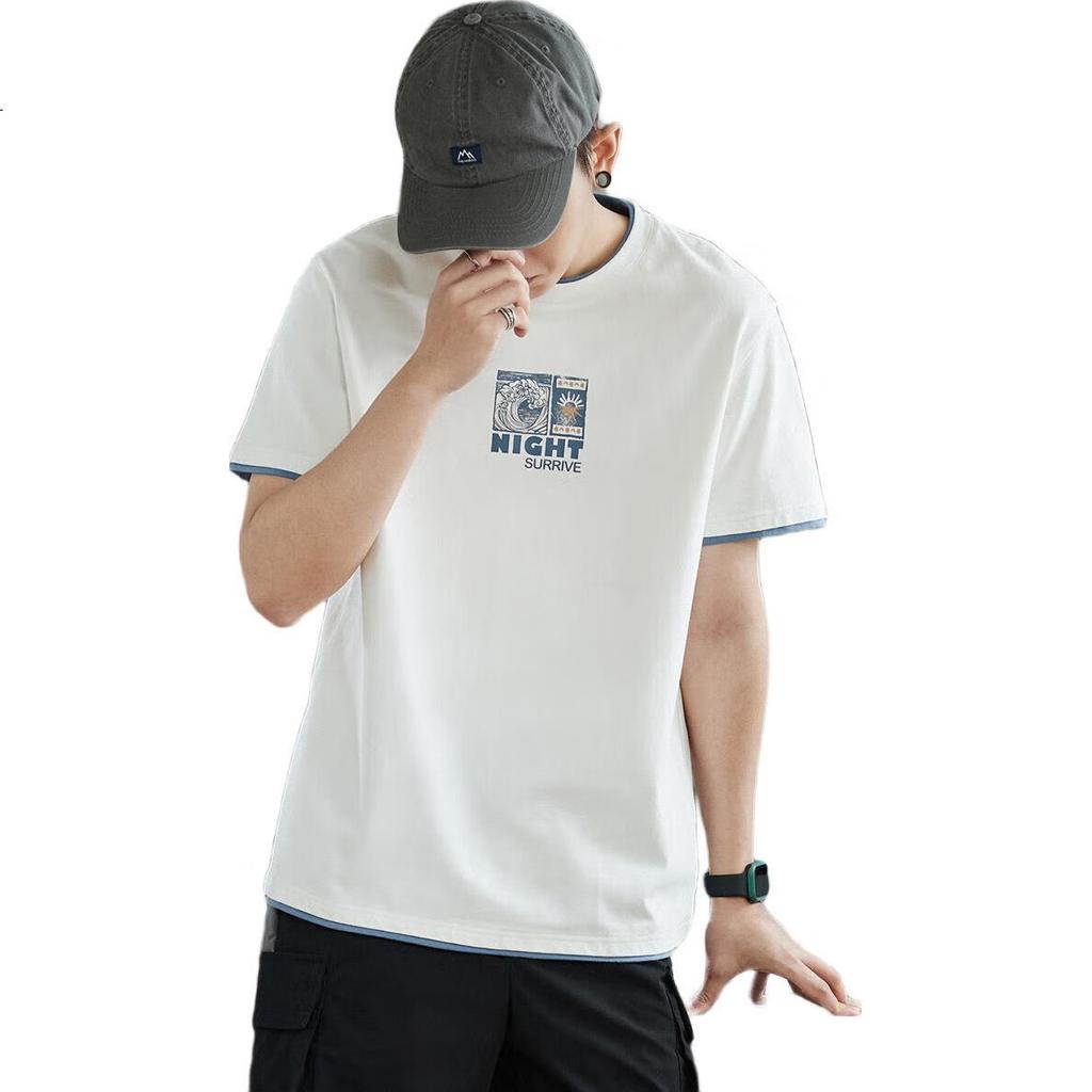 TonLion 2025 Summer Men's Faux Two-Piece Japanese-Style Back Print Short-Sleeve T-Shirt, White, S