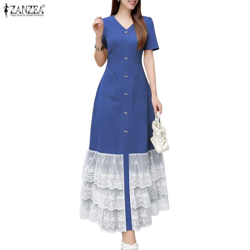 ZANZEA Women Casual V-Neck Short Sleeve Lace Splice Long Dress
