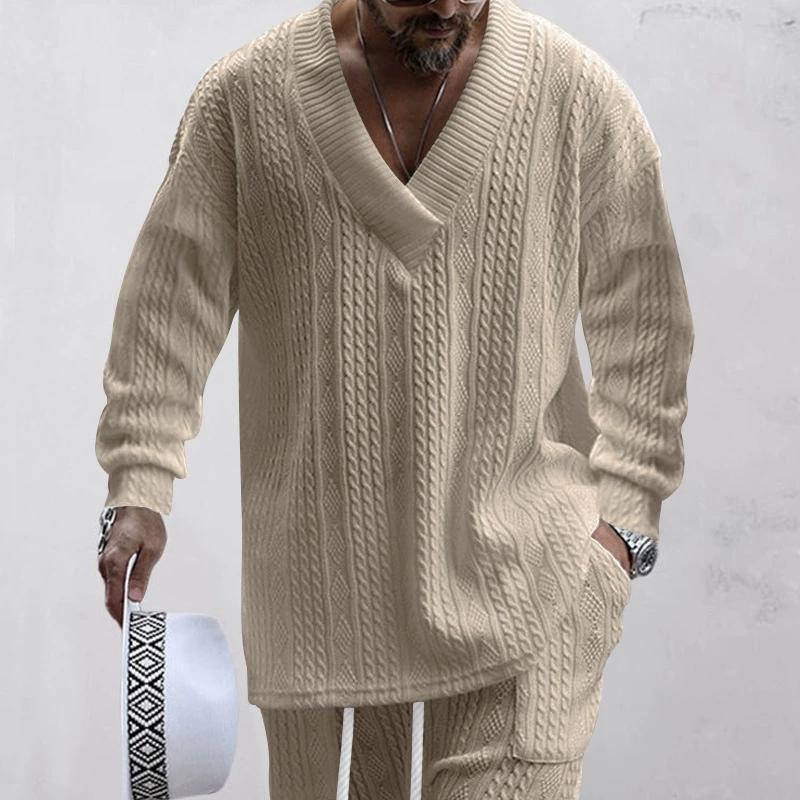 Autumn/Winter Men's Jacquard Loose Knitted Solid Color Casual V-neck Long Sleeve Knitted Shirt