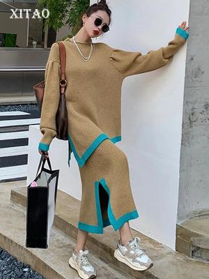 Fashion Knitting Two Pieces Sets Casual Loose Full Sleeve Top Side Split Temperament 2023 Women Matching Sets LYD1210