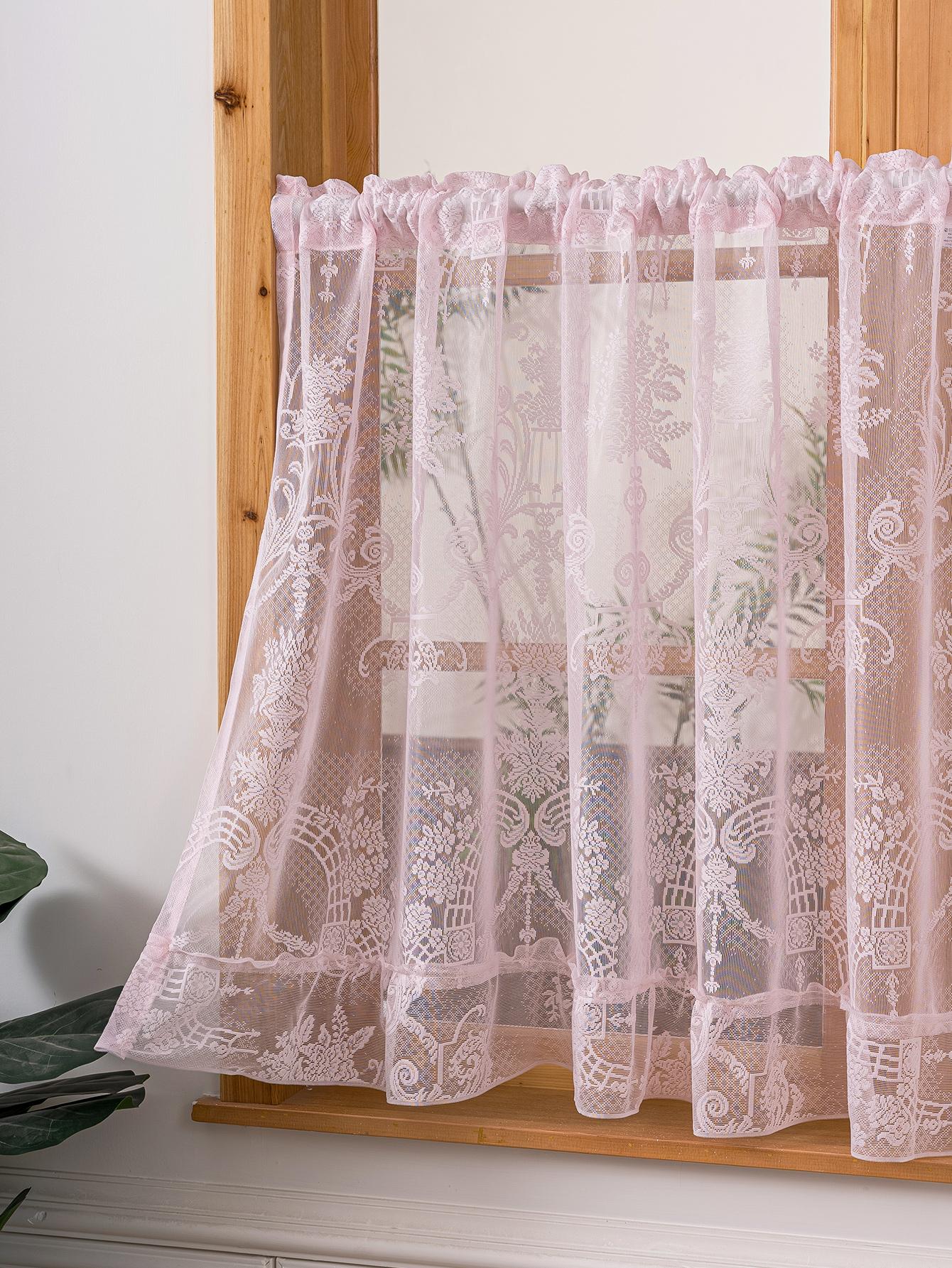 Roze Vintage Kant Doorzichtig Valgordijn, Bloemenborduursel Stangzak Korte Cafe Gordijn voor Keuken, Badkamer, Kleine Ramen 140x60cm roze