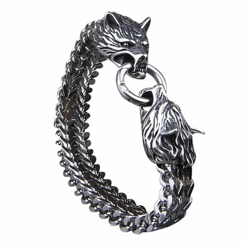 Stainless Steel Retro Viking Wolf Head Bracelet Personality Trendy Jewelry For Men 19 Cm