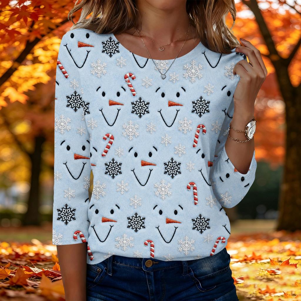 Top Casual Festivo da Donna con Stampa Natalizia e Manica a 3/4