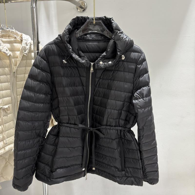 Autumn and winter new fashion hooded ribs strips drawstring waist light short white duck down jacket women's coat