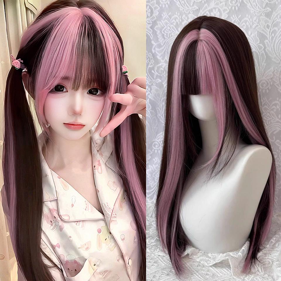Synthetic Red Ombre Black Color Lolita Long Straight Wigs With Bangs Daily Party Cosplay Wig For Women