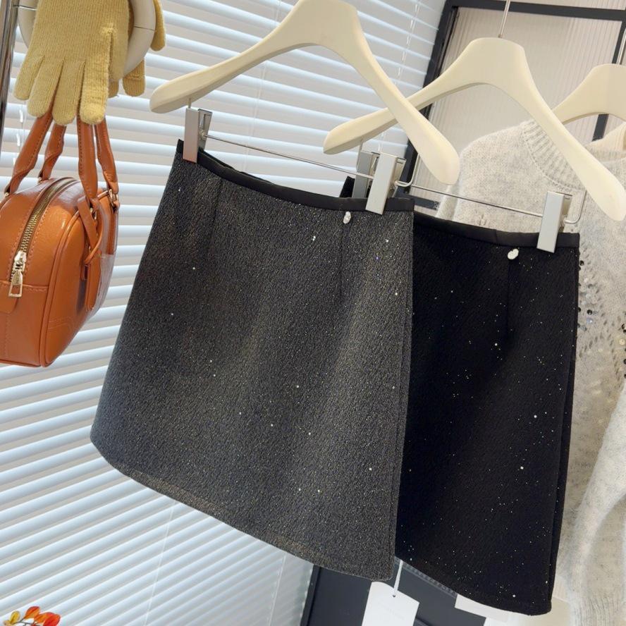 Women s High-Waist Sequin Wool Skirt - Shiny Starry A-Line Hip-Hugging Short Skirt for Fall/Winter S