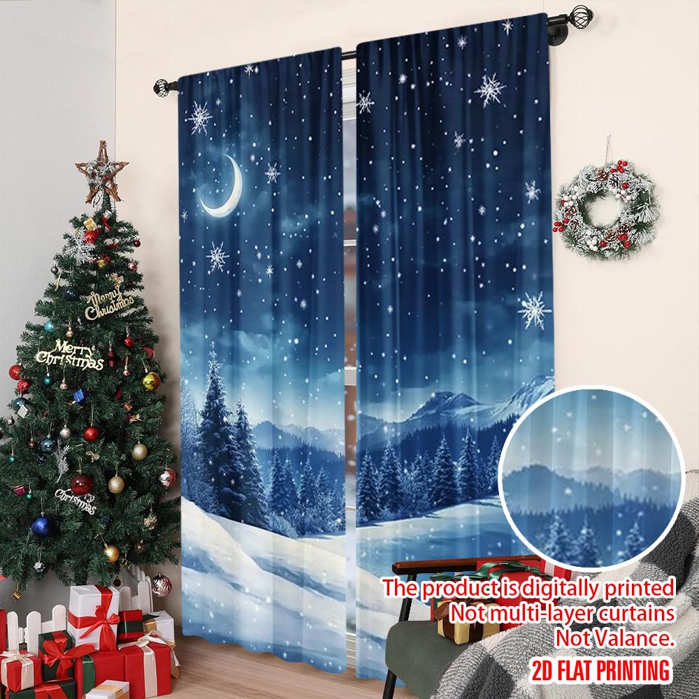 2pcs 2D Flat Printing Merry Christmas Curtains Winter Night Snowflake Versatile Durable Polyester Without Electricity Festive