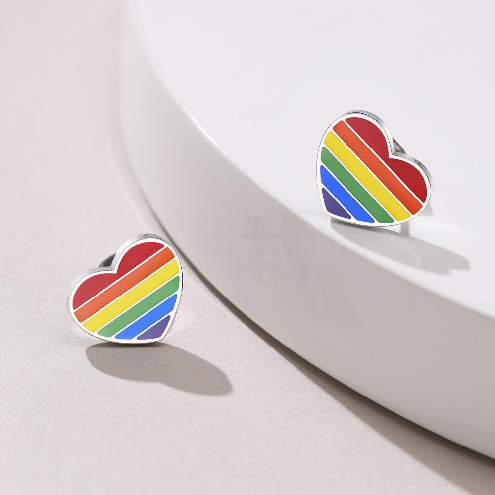 Rainbow Pride Lesbian Gay LGBT Stainless Steel Epoxy Heart Stud Earrings