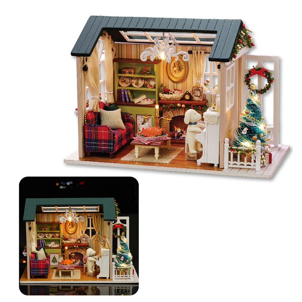 Miniature Wooden House Model with LED Light, Retro   Furniture Handcraft Kit for Developing