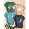 Four-piece set of women's heart-patterned short-sleeve shirts Leopard print hollow-out pink heart ECG print round-neck summer dress T Shirt Suitable