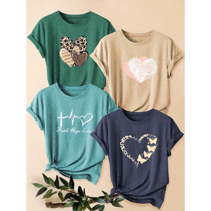 Four-piece set of women's heart-patterned short-sleeve shirts Leopard print hollow-out pink heart ECG print round-neck summer dress T Shirt Suitable