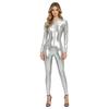 Tuta intera con cappuccio a maniche lunghe e zip frontale, jumpsuit metallica lucida con leggings/collant per donna, festa rave, club