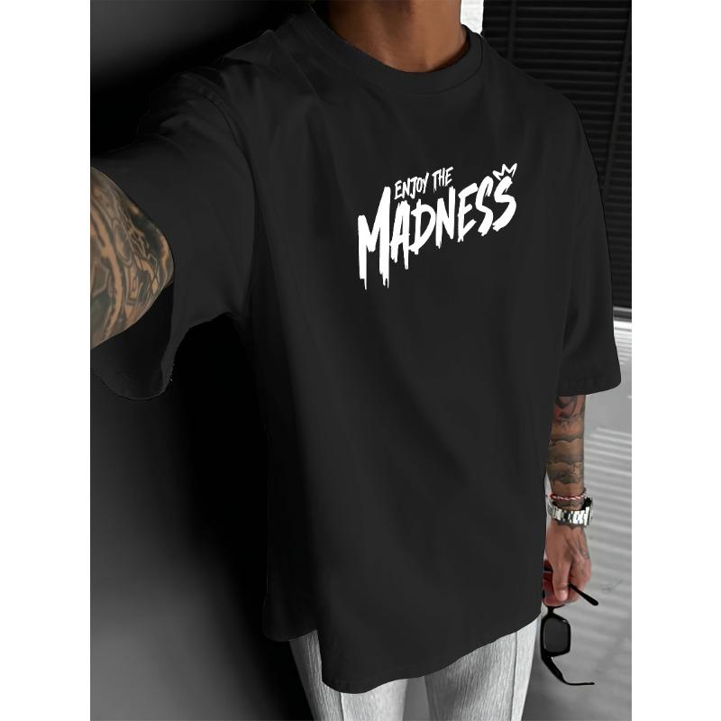 European Sizes Enjoy the Madness" Cartoon Print, Men's Fashion Street Casual Short Sleeve T-Shirt Comfortable Crew Neck Top for Spring and Summer