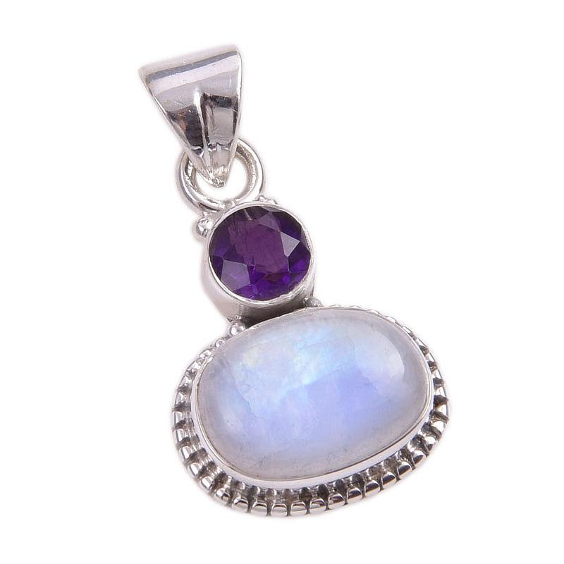 Natural Rainbow Moonstone, Amethyst Gemstone 925 Solid Silver Pendant 1.50" j2G85