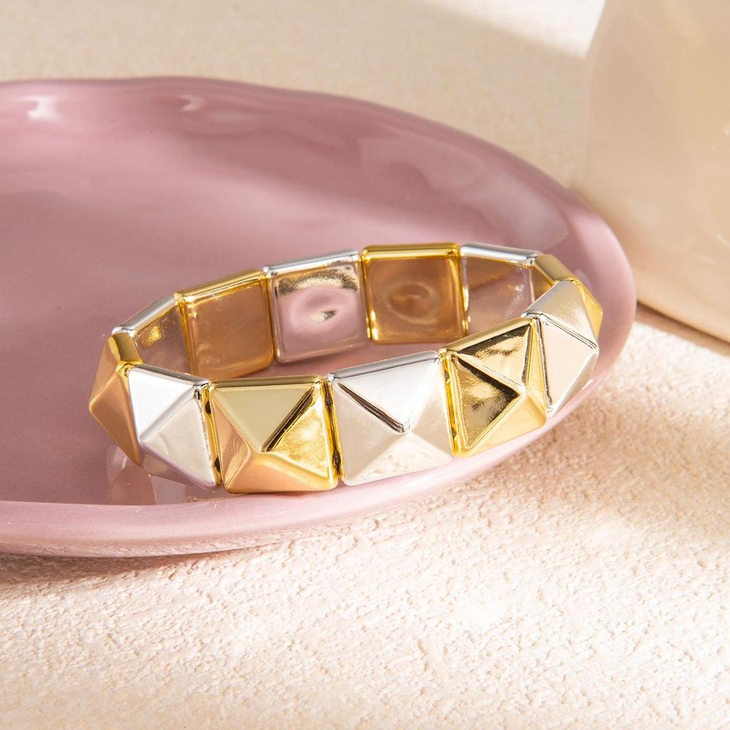 Gold & Silver Interspersed Rhombus Bangle: Luxury Wide Band Hand Jewelry with Exaggerated Fashion and Unique Personality