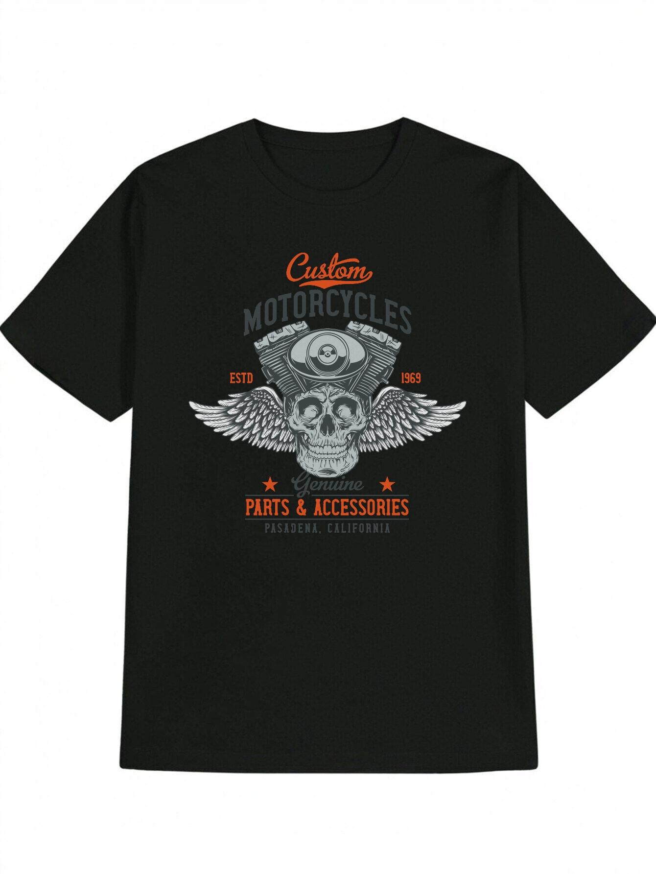Casual Versatile Round Neck T-shirt with Skull and Wings Print L
