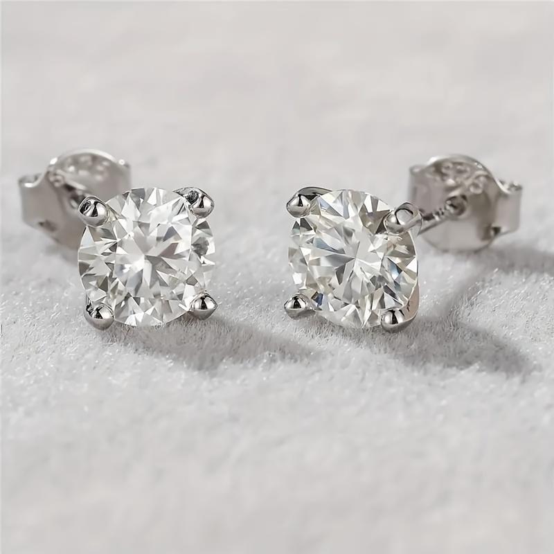 S925 Sterling Silver Four-clawed Round White Crystal Stud Earrings for Women Simple Wedding Engagement Jewelry Gifts