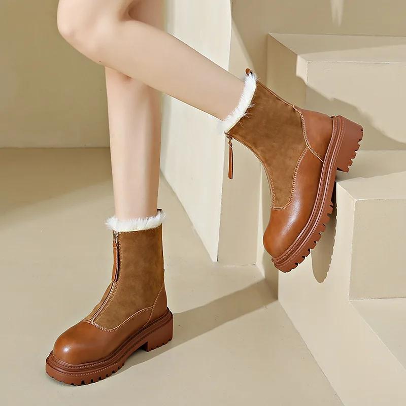 Fashion Women Boots Warm Anti Slip Platform  Winter Retro Plush New Round Toe Zipper Comfortable Outdoor Ankle Boots Women's Shoes