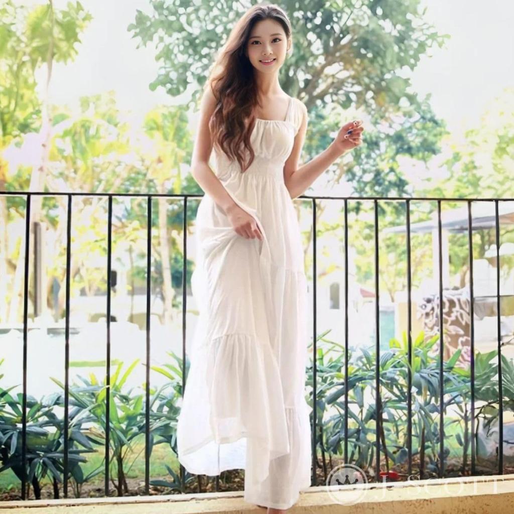 J-Scott Tiered Maxi Dress, Lined, Elastic Waist, Sleeveless, Summer Dress, Solid Color, White, JS81-WH-2XL