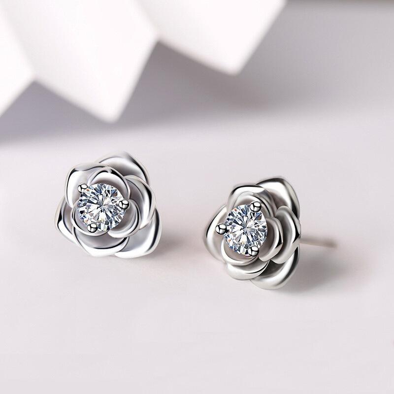 925 Silver Earrings Rose Flower for Women Sterling-Silver Wedding Jewelry Elegant Female Accessories Fashion 5A ZirconGift