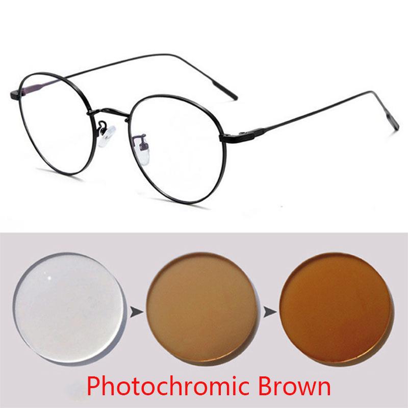 Women Round Myopia Photochromic Prescription Spectacles Metal Anti Blue Light Nearsighted Glasses Diopter 0 -0.5 -0.75 To -6.0