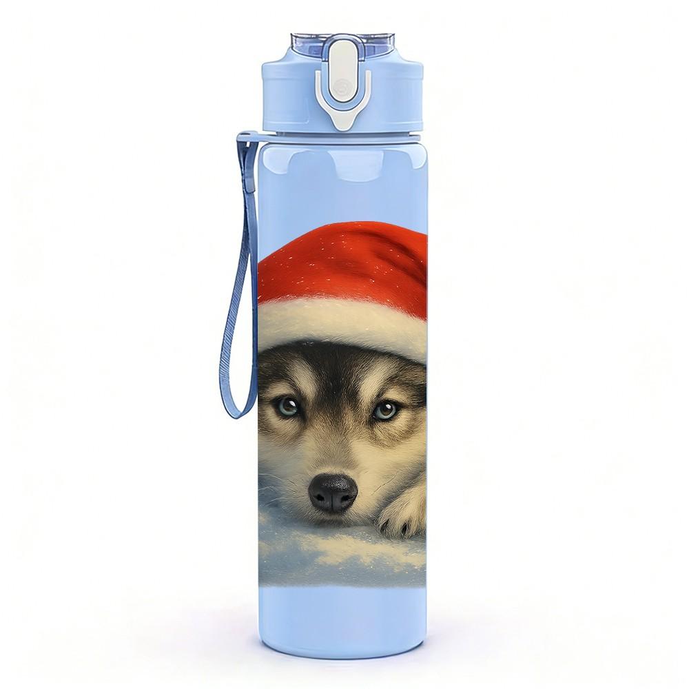 1PC Husky Santa Hat Portrait 750ml Color Plastic Sports Water Bottle Leakproof Flip Straw Lid Suitable for Sports Office Home Use