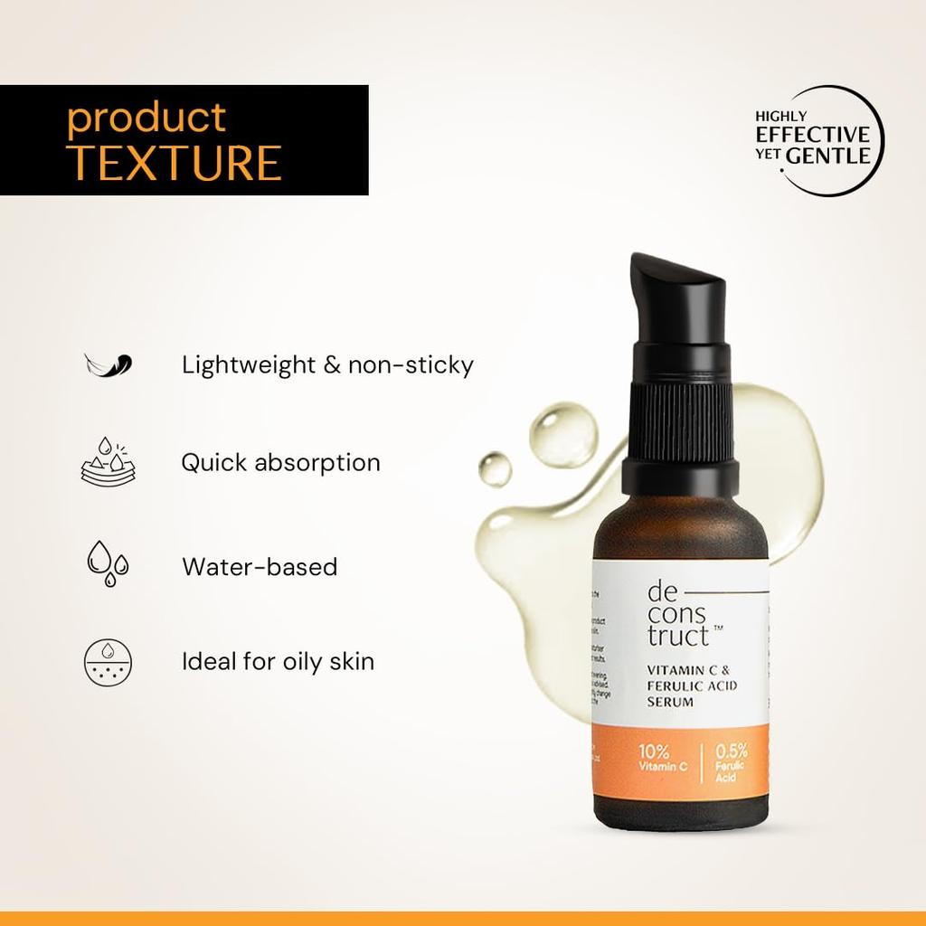 Deconstruct 10% Vitamin C Serum for Oily Skin| Clinically Tested to be Non-Irritating| No Purging| With 0.5% Ferulic Acid| For Men and Women| 30ml