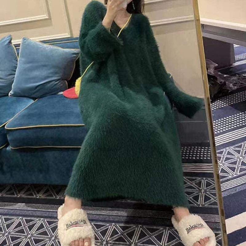Temperament celebrity style soft waxy sweater skirt women's autumn and winter new lazy imitation mink plush long knitted dress