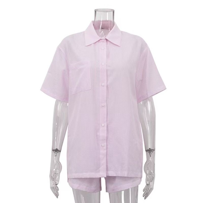 

Western Style New Fashion Temperament Slim fit Short sleeve Shirts Shorts Two-Piece Shirt and Shorts Set Pink L