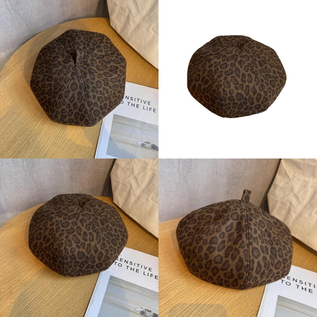 Leopard Print Beret For Women Vintage Fashion Warm Soft Leather Fall Accessory