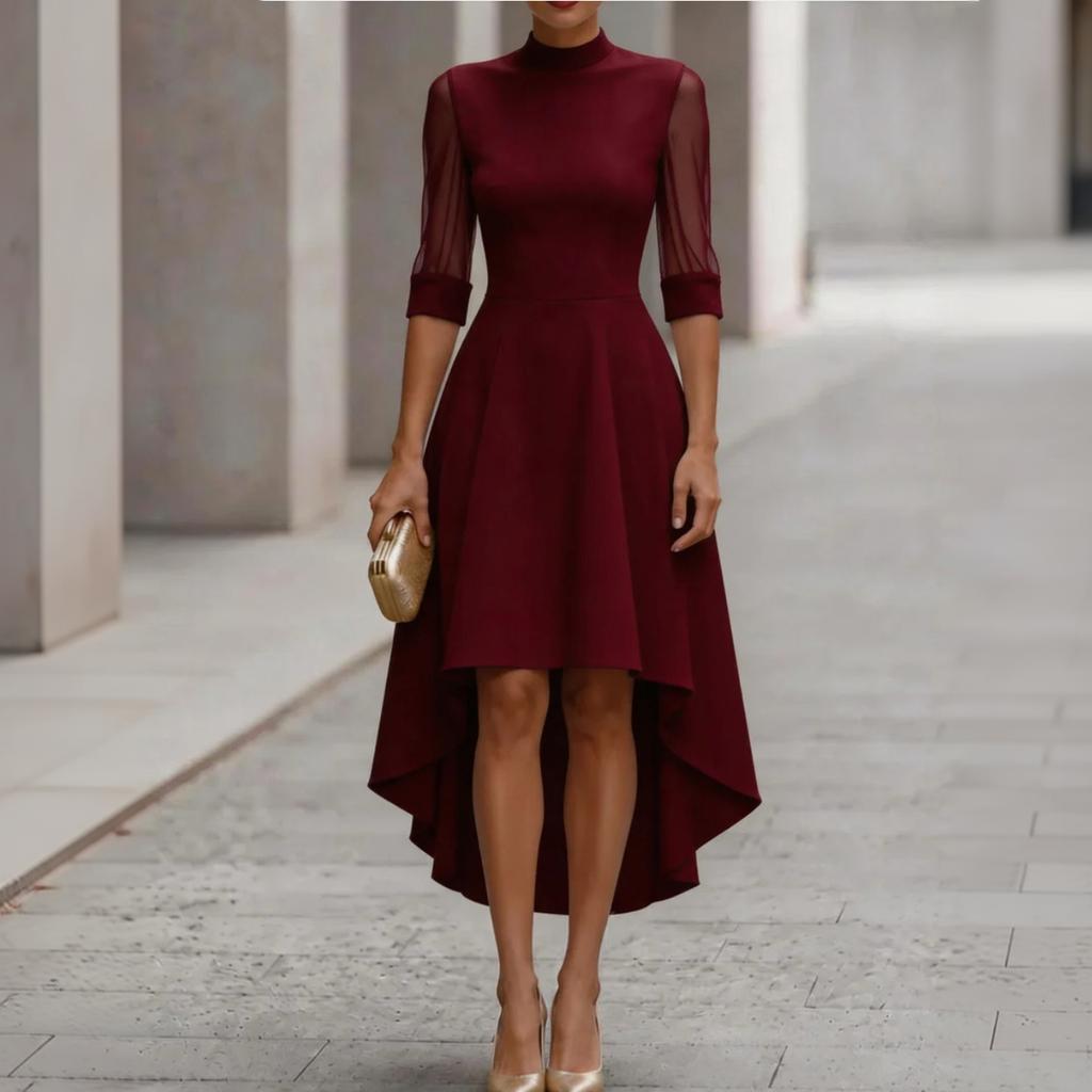 Women's Color Mesh Cocktail Dress with Mock Neck, Three-Quarter Sleeves and Asymmetric Hem for Evening Party
