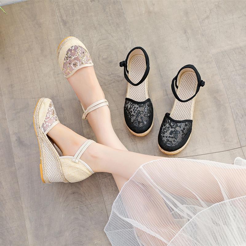 Versatile Women's Summer Wedge Sandals: One-Strap Closed-Toe, Breathable Mesh, Lace-Up High Heels with Buckle.