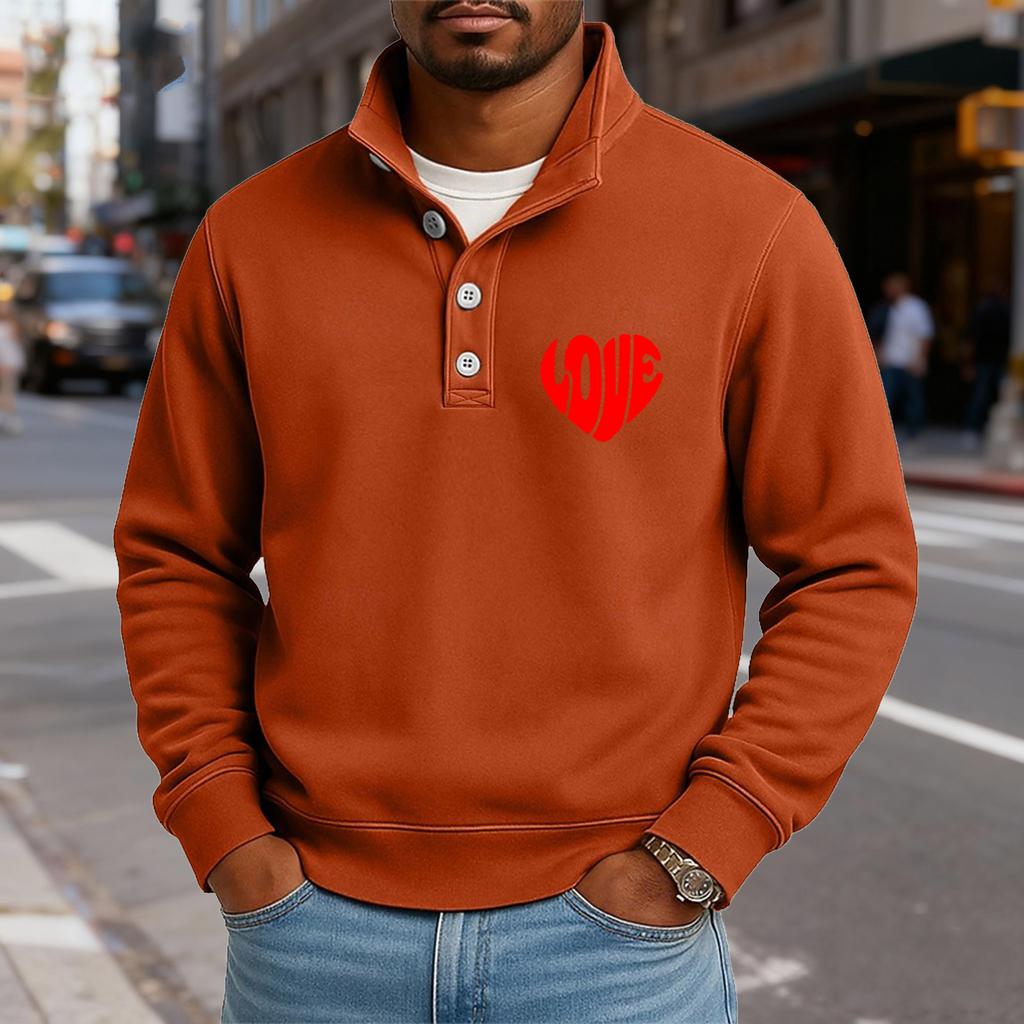Men's Casual Stand-Up Collar Long-Sleeve Top Print Button-Down Sweatshirt