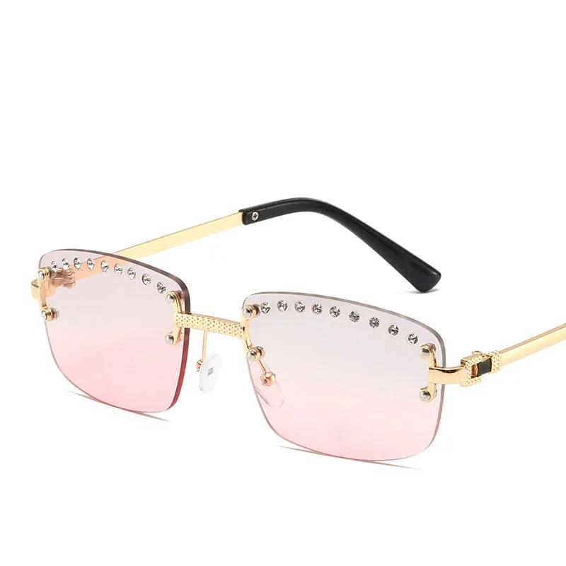 Vintage Rimless Square Diamond Sunglasses Women For Men Sun Glasses Punk Pink Shades Luxury Brand Designer Hip Hop Eyewear UV400