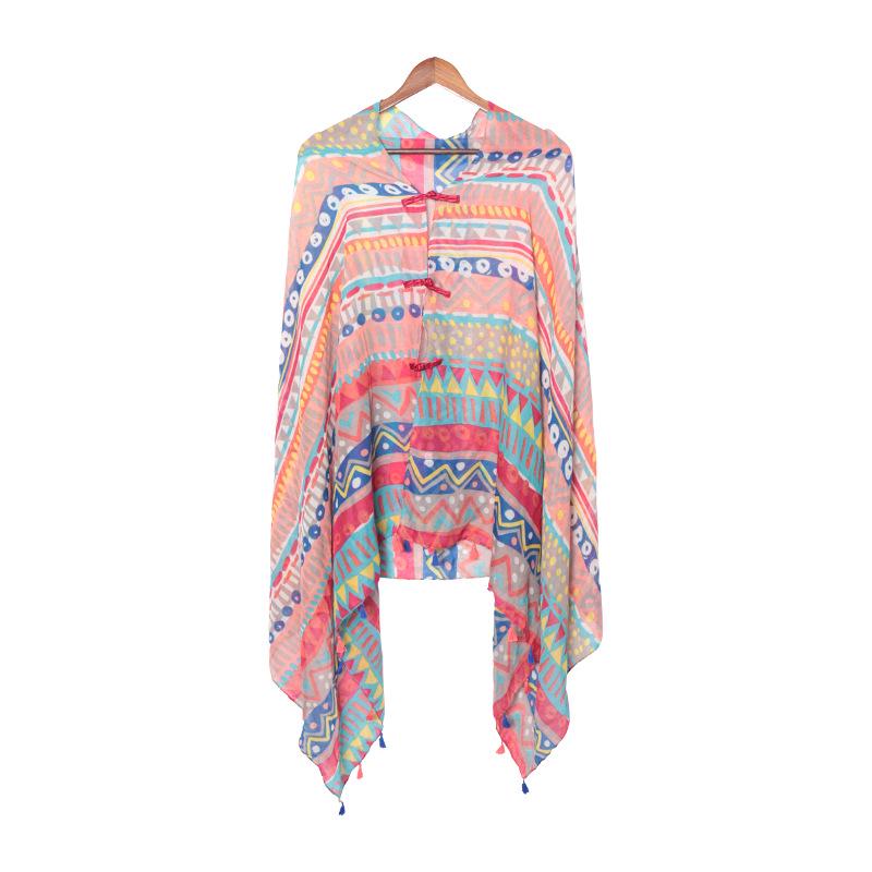 "Summer Ethnic Style Cotton-Linen Shawl: Handmade Retro Button Sunscreen Beach Cover-Up"