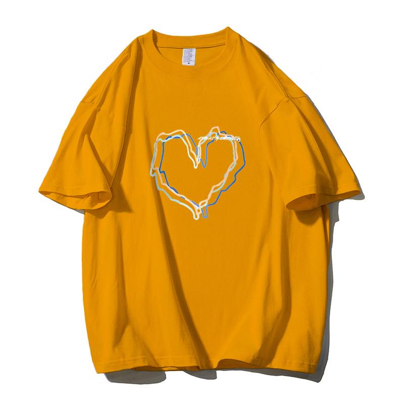 Shellsuning Loose O Neck Cotton Printed Shirts Women Summer Kawaii Heart Graphic Tees Female Casual Short Sleeve Base Black Tops