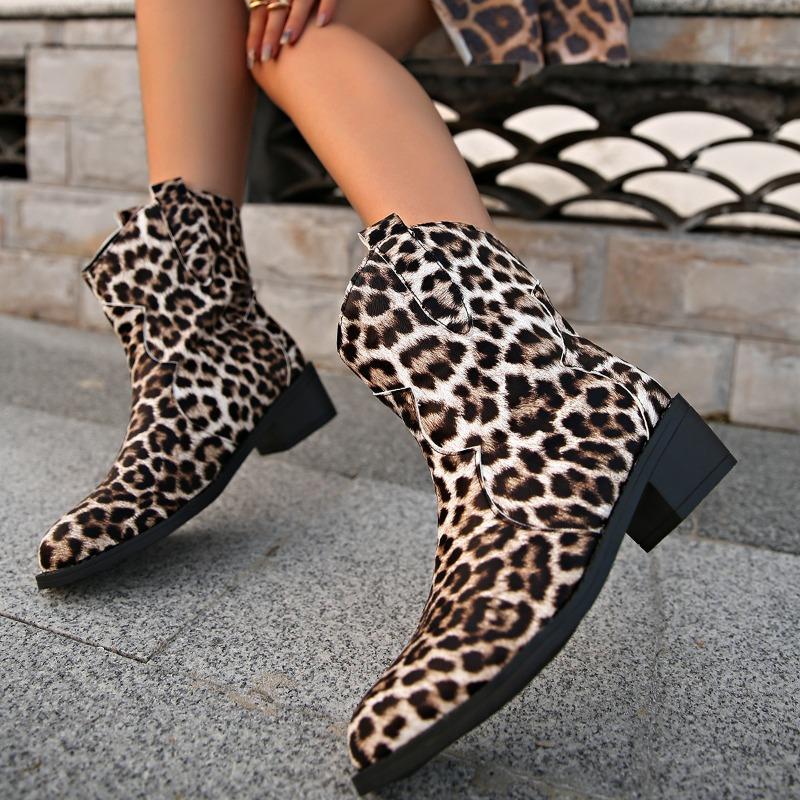 Fashion Coarse Heel Pointed Short Boots Children's Leopard Print Medium Heel One Pedal Sleeve Martin Boots Large Size 43
