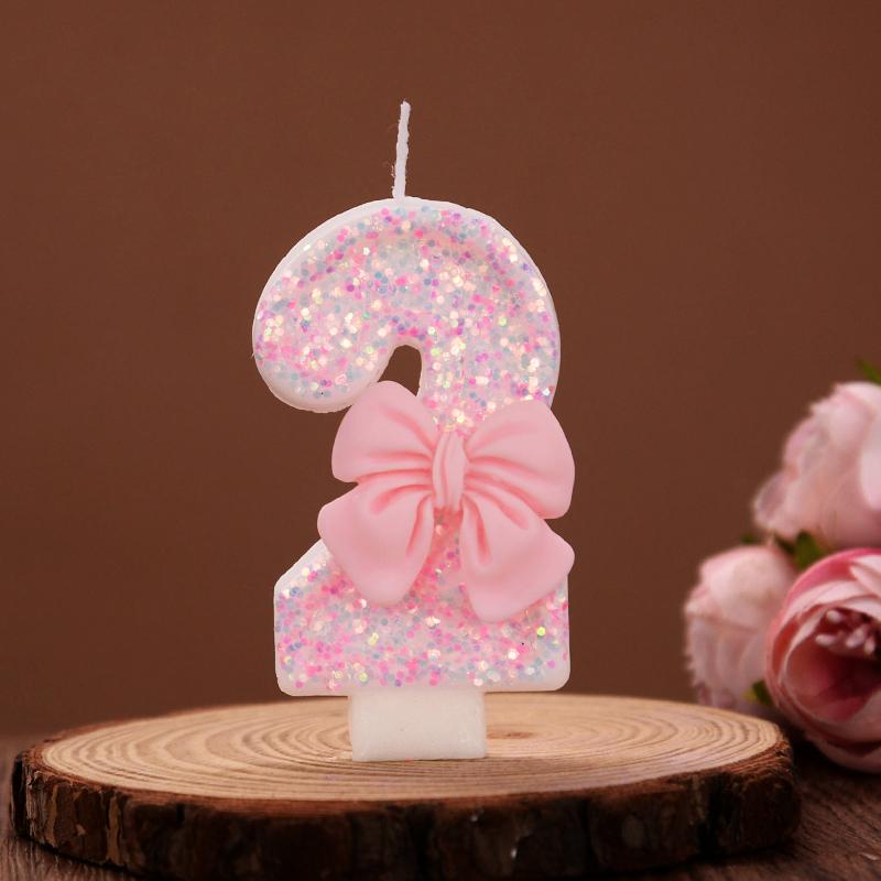 3D Number Cake Decorating Candles Cute Pink Bow Baby Girl Birthday Cake Topper Decoration Party Supplies 0-9 Digital Candle