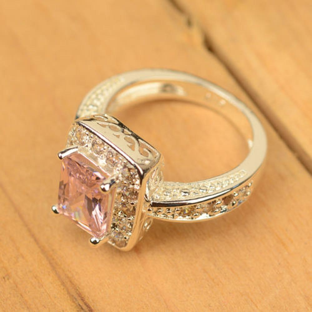 Pink Topaz Square Gemstone Silver Tone Women Bridal Alloy Ring Jewelry Gifts