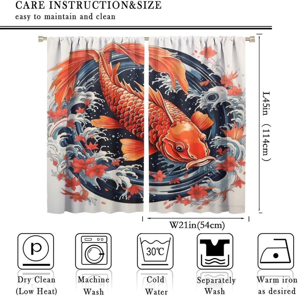 Cortina de Peixe Koi Japonês   Onda Grande Contorno de Koi Estilo Asiático Onda Flor Arte Carpa Cortina Quarto Escuro Bolso para Varão de Porta e Janela C