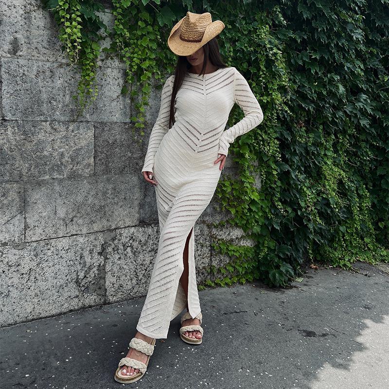 

Трикотажное женское длинное платье с длинным рукавом, облегающее, с разрезом по бокам, летние женские пляжные халаты